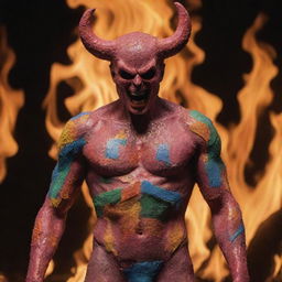 The figure resembling Satan, adorned with colorful bandaids, standing in the midst of roaring flames