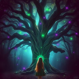 An ancient, mystical tree bathed in a magical ambiance, surrounded by ethereal green and violet light flares that dance across the scene