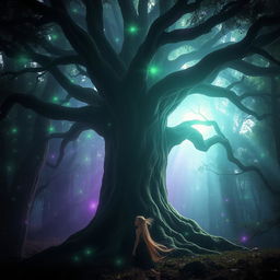 An ancient, mystical tree bathed in a magical ambiance, surrounded by ethereal green and violet light flares that dance across the scene