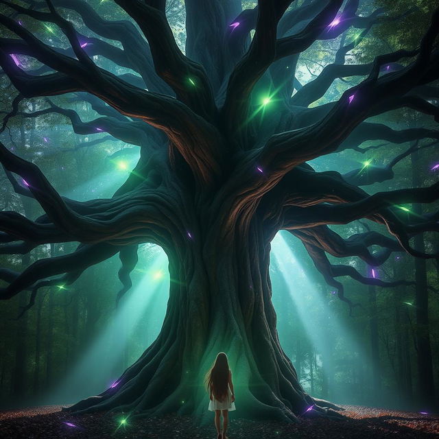 An ancient, mystical tree bathed in a magical ambiance, surrounded by ethereal green and violet light flares that dance across the scene