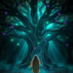 An ancient, mystical tree bathed in a magical ambiance, surrounded by ethereal green and violet light flares that dance across the scene