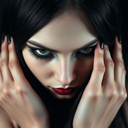 A close-up portrait of a gothic girl's face, showcasing her mysterious and captivating features