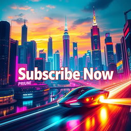 A vibrant and captivating vertical YouTube Shorts thumbnail featuring a stunning, futuristic cityscape at sunset