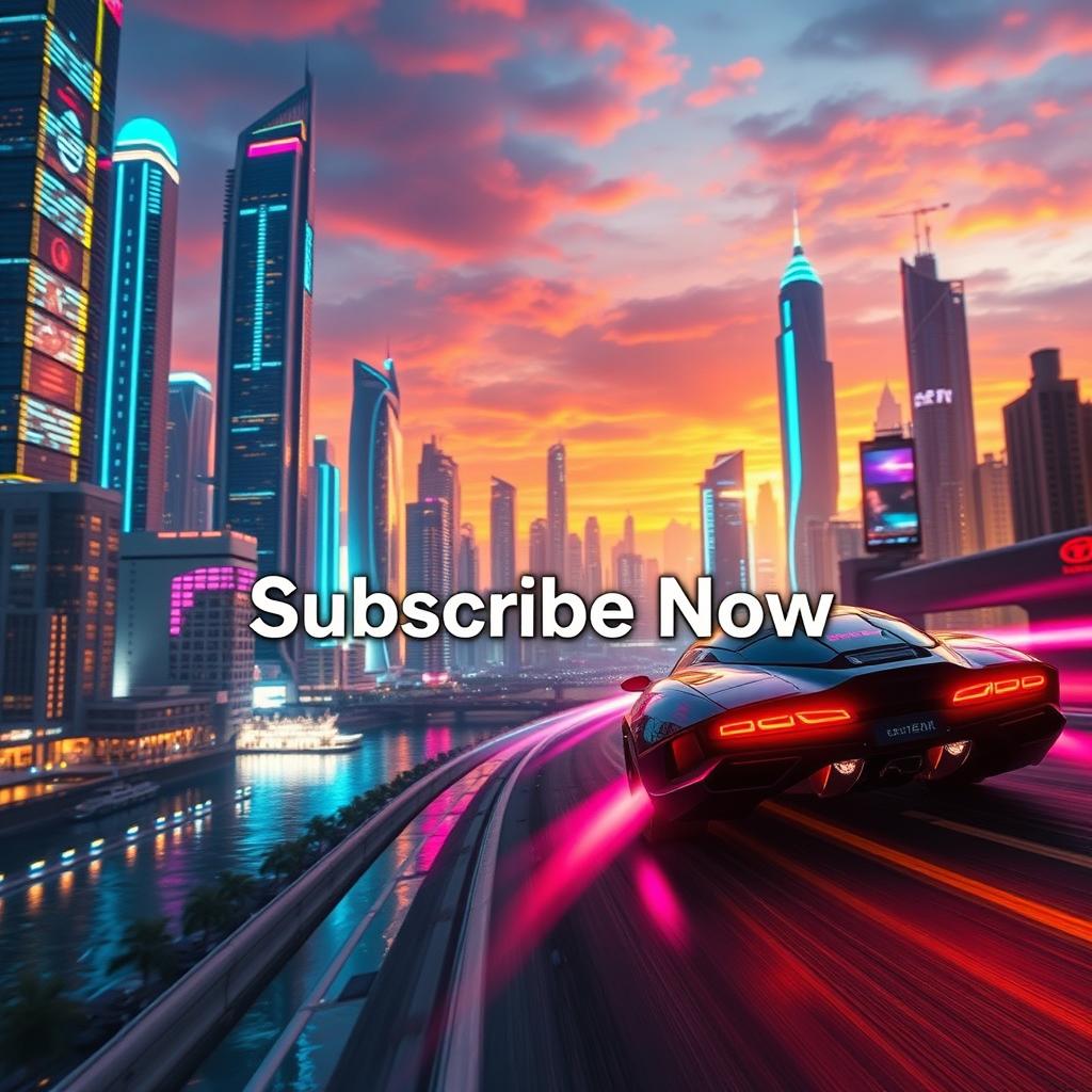 A vibrant and captivating vertical YouTube Shorts thumbnail featuring a stunning, futuristic cityscape at sunset