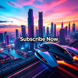 A vibrant and captivating vertical YouTube Shorts thumbnail featuring a stunning, futuristic cityscape at sunset