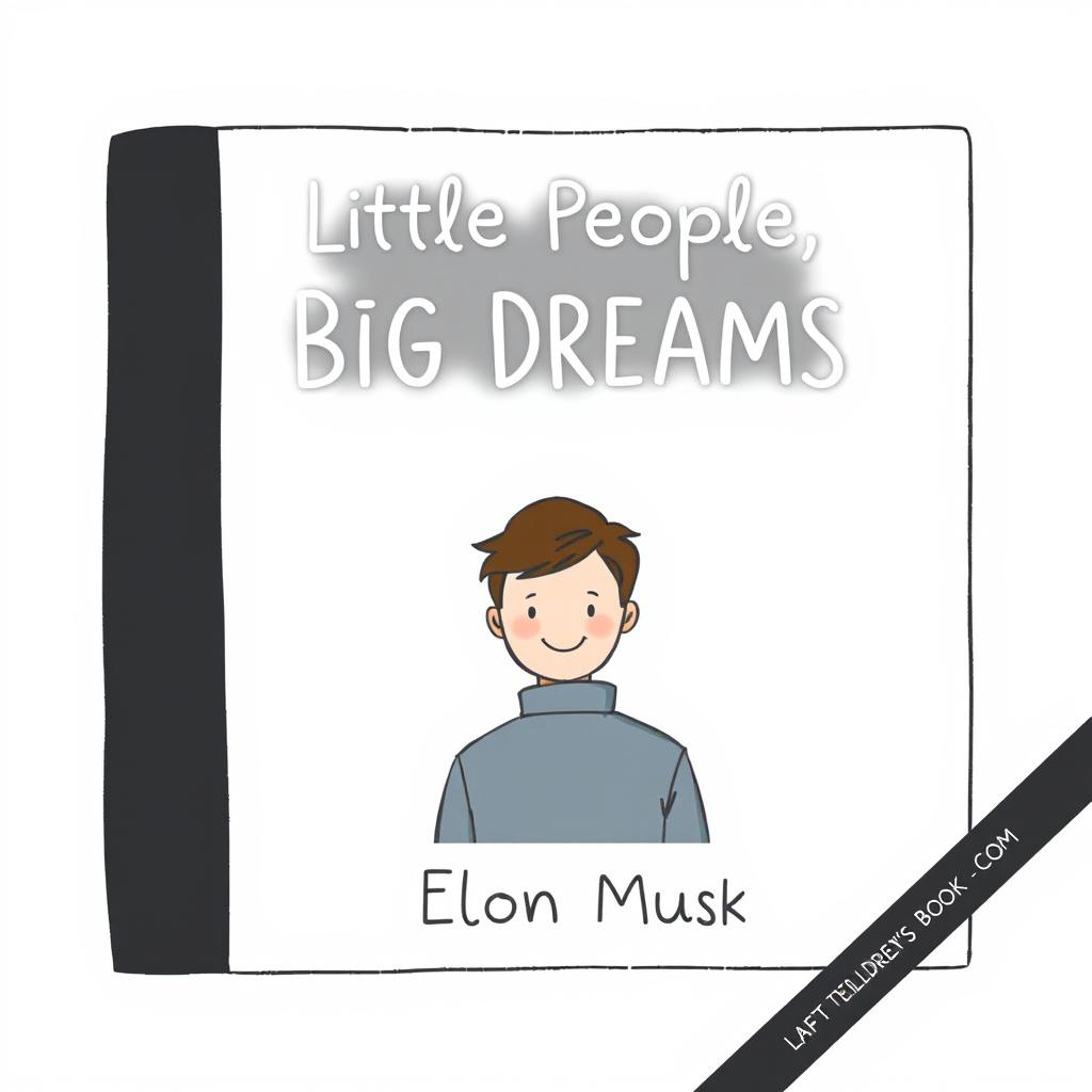 An illustration of a children's book cover for "Little People, Big Dreams: Elon Musk," featuring a black band down the left side