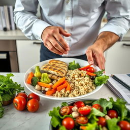 A male, faceless nutritionist preparing a balanced fitness meal