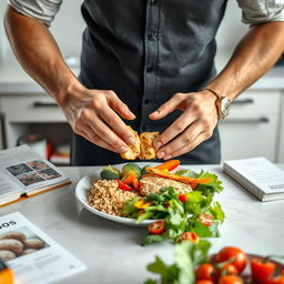 A male, faceless nutritionist preparing a balanced fitness meal