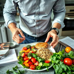 A male, faceless nutritionist preparing a balanced fitness meal