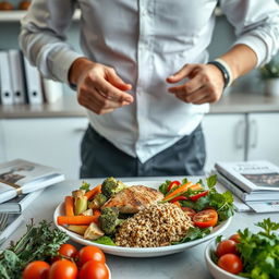 A male, faceless nutritionist preparing a balanced fitness meal