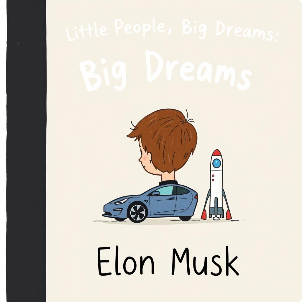 A children's book cover for "Little People, Big Dreams: Elon Musk," featuring a black band down the left side