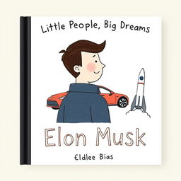 A children's book cover for "Little People, Big Dreams: Elon Musk," featuring a black band down the left side