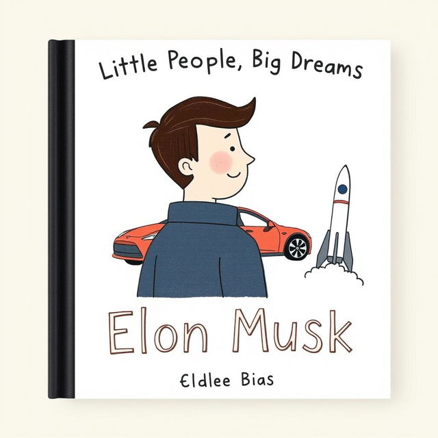 A children's book cover for "Little People, Big Dreams: Elon Musk," featuring a black band down the left side