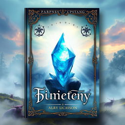 A fantasy-themed book cover featuring a prominent glowing blue crystal as the central element