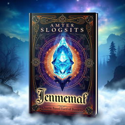 A fantasy-themed book cover featuring a prominent glowing blue crystal as the central element