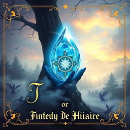 A fantasy-themed book cover featuring a prominent glowing blue crystal as the central element