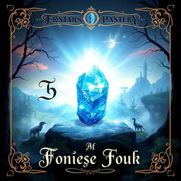 A fantasy-themed book cover featuring a prominent glowing blue crystal as the central element