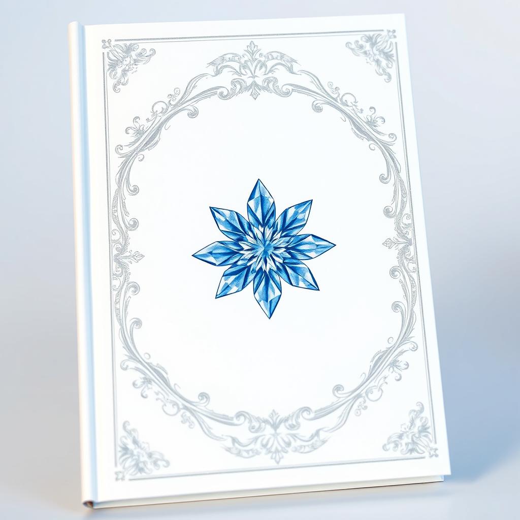 A book cover design featuring a pristine white background, embellished with an intricate blue crystal imprint at the center, radiating an aura of elegance