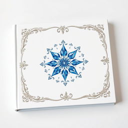 A book cover design featuring a pristine white background, embellished with an intricate blue crystal imprint at the center, radiating an aura of elegance