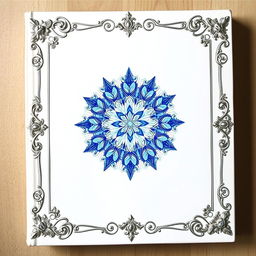 A book cover design featuring a pristine white background, embellished with an intricate blue crystal imprint at the center, radiating an aura of elegance