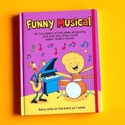 A whimsical and colorful book cover for a book about funny musical jokes