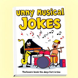 A whimsical and colorful book cover for a book about funny musical jokes