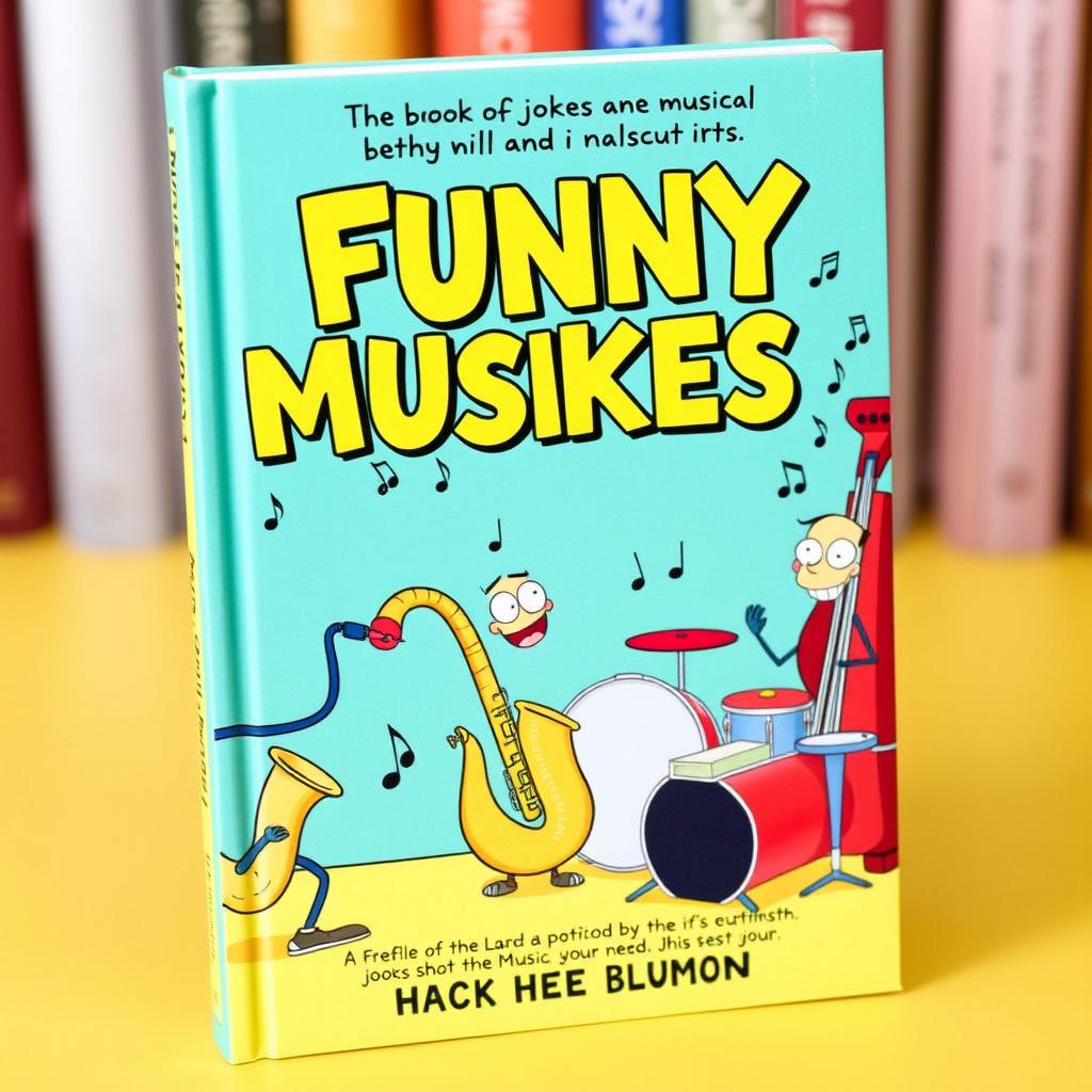 A whimsical and colorful book cover for a book about funny musical jokes