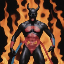 A black and red figure, resembling Satan, adorned with colorful bandaids, standing amidst roaring flames