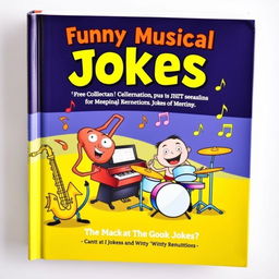 A whimsical and colorful book cover for a book about funny musical jokes