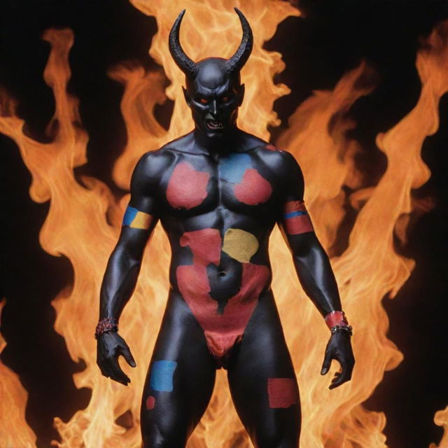 A black and red figure, resembling Satan, adorned with colorful bandaids, standing amidst roaring flames