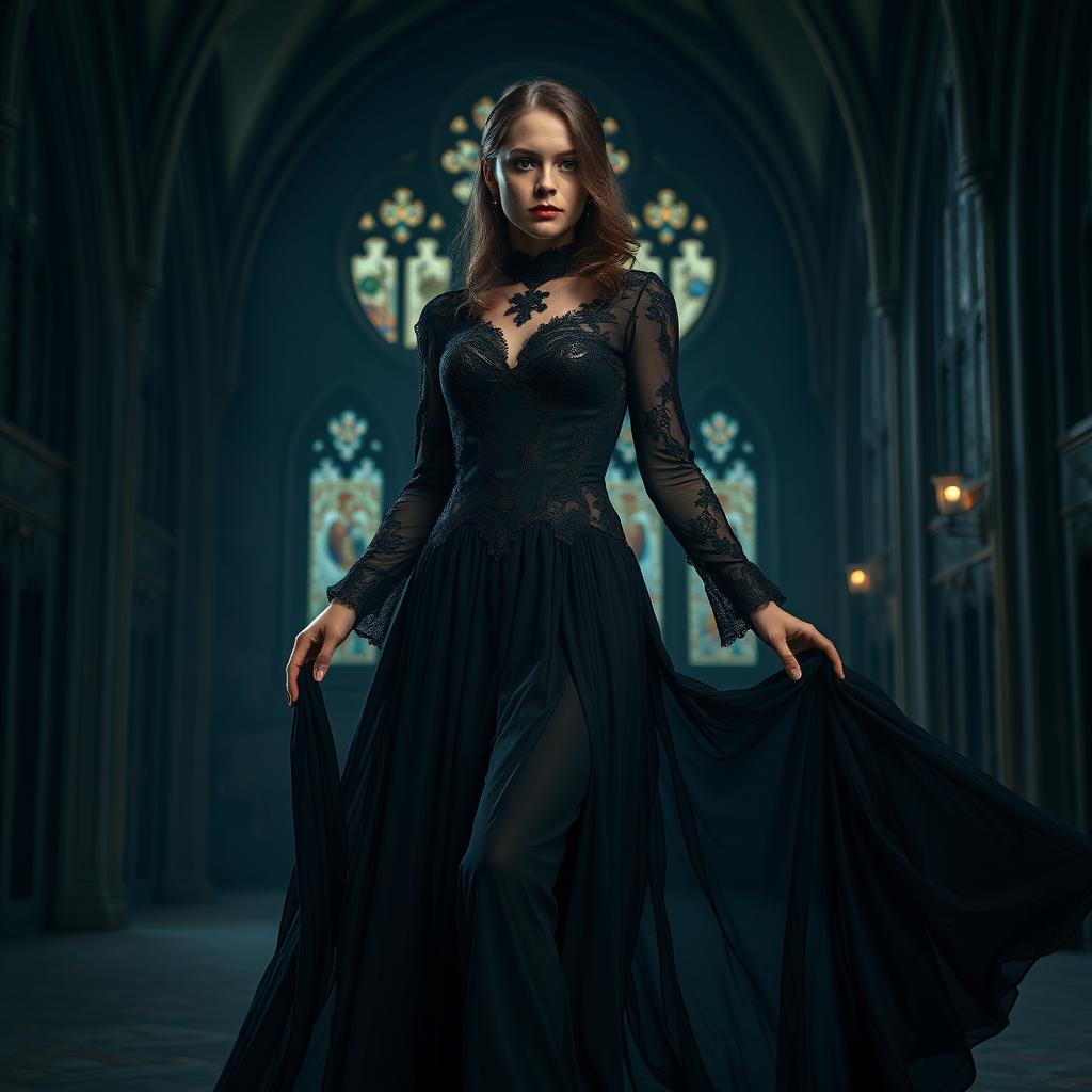 A woman in a striking black gothic dress, featuring intricate lace details and elegant long sleeves