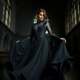 A woman in a striking black gothic dress, featuring intricate lace details and elegant long sleeves