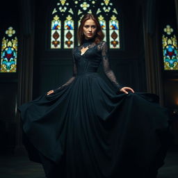 A woman in a striking black gothic dress, featuring intricate lace details and elegant long sleeves