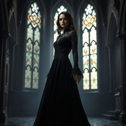 A woman in a striking black gothic dress, featuring intricate lace details and elegant long sleeves