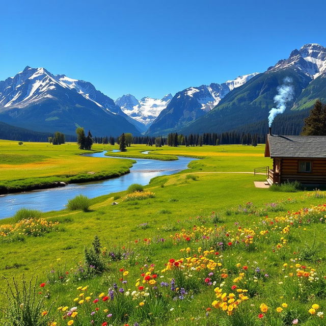 a serene and picturesque landscape showing a lush green meadow filled with colorful wildflowers, surrounded by majestic snow-capped mountains under a clear blue sky