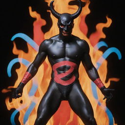 A black and red figure, resembling Satan, adorned with colorful bandaids, standing amidst roaring flames