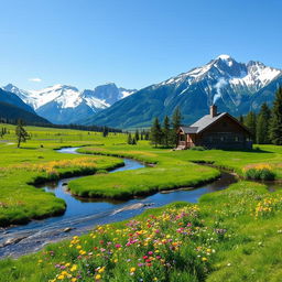 a serene and picturesque landscape showing a lush green meadow filled with colorful wildflowers, surrounded by majestic snow-capped mountains under a clear blue sky