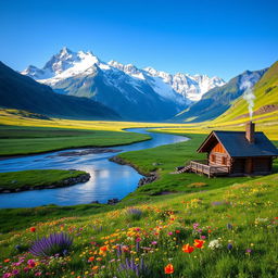 a serene and picturesque landscape showing a lush green meadow filled with colorful wildflowers, surrounded by majestic snow-capped mountains under a clear blue sky