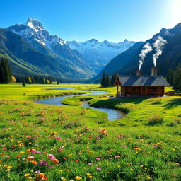 a serene and picturesque landscape showing a lush green meadow filled with colorful wildflowers, surrounded by majestic snow-capped mountains under a clear blue sky