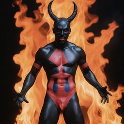 A black and red figure, resembling Satan, adorned with colorful bandaids, standing amidst roaring flames