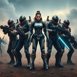 Five soldiers in a dynamic battle formation, four men and one woman, with the woman standing confidently in the center identified as 'Xanther'