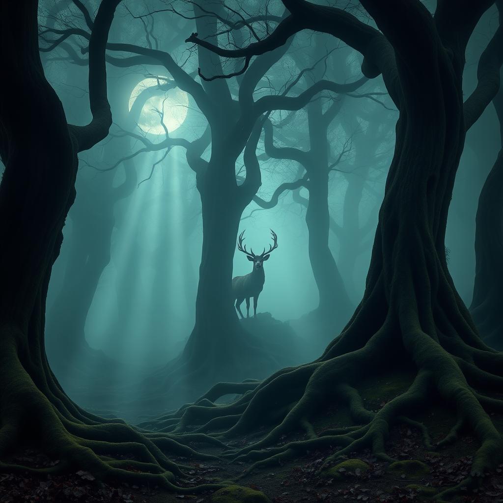 A mysterious foggy forest scene, featuring ancient, twisted trees with sprawling roots