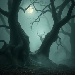 A mysterious foggy forest scene, featuring ancient, twisted trees with sprawling roots