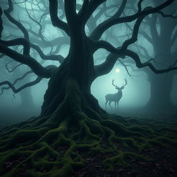 A mysterious foggy forest scene, featuring ancient, twisted trees with sprawling roots