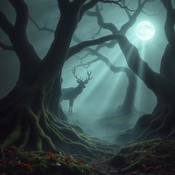 A mysterious foggy forest scene, featuring ancient, twisted trees with sprawling roots