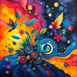 An abstract painting depicting a vibrant clash of colors symbolizing a fusion of nature and technology