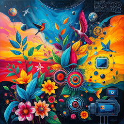 An abstract painting depicting a vibrant clash of colors symbolizing a fusion of nature and technology