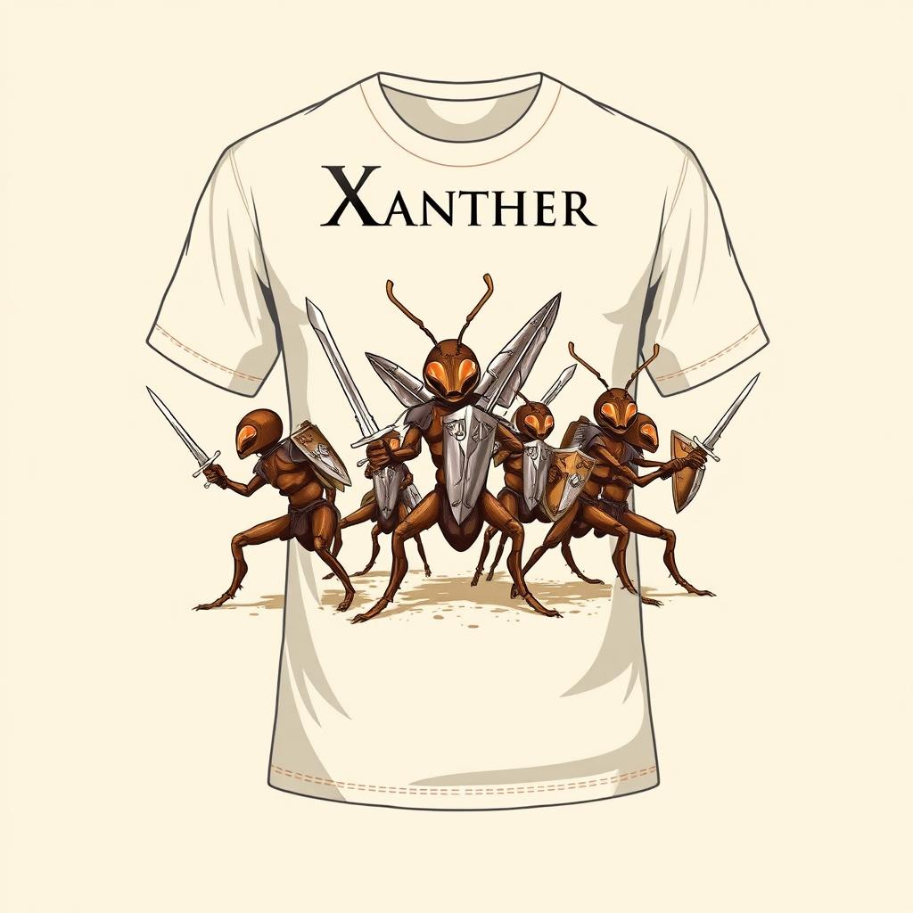 Design a T-shirt for the brand Xanther, featuring an artistic depiction of ants and their warriors