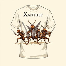 Design a T-shirt for the brand Xanther, featuring an artistic depiction of ants and their warriors