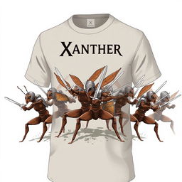 Design a T-shirt for the brand Xanther, featuring an artistic depiction of ants and their warriors